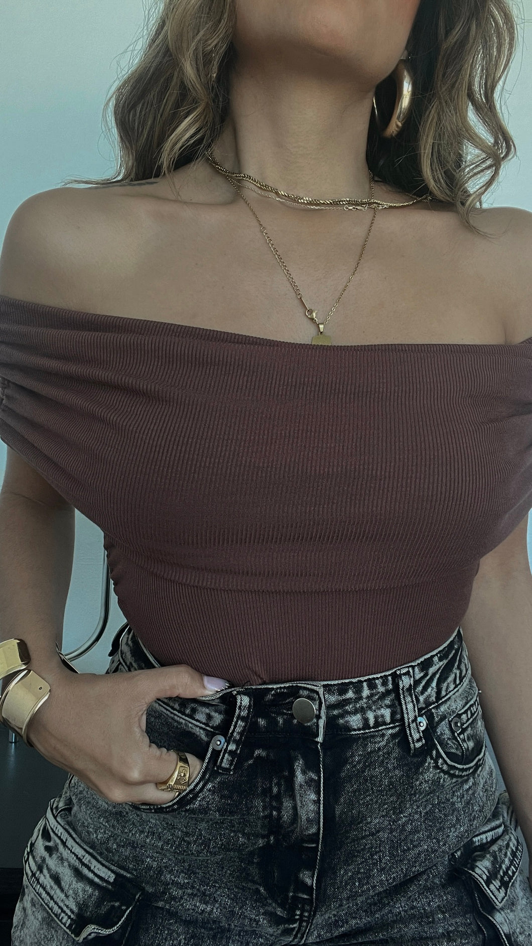 Brown Off Shoulder Top